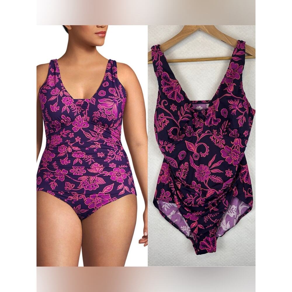 Lands’ End Women’s Size 14D One Piece Swimsuit Tummy Control Floral Purple Pink - Picture 6 of 6